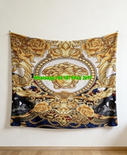Versace Blue Gold Medusa Baroque Floral Print Flannel Sofa Throw Blanket IMG_1328